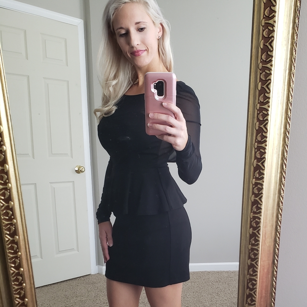 Bebe black sheer sleeve peplum dress